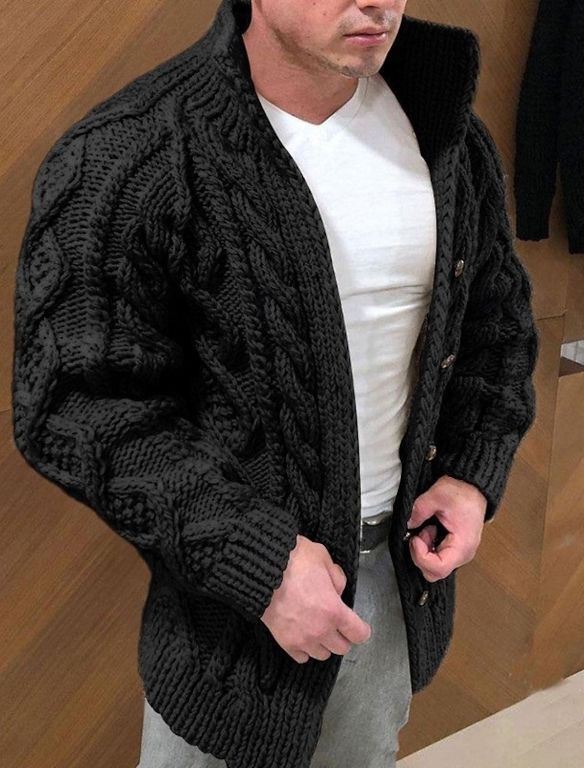 Men's Cable Knit Jumper Sweater Cardigan Sweater Cable Knit Regular Tops Knitted Plain Standing Collar Modern Contemporary Casual Casual Holiday Clothing Apparel Spring Fall & Winter Wine Red Black M