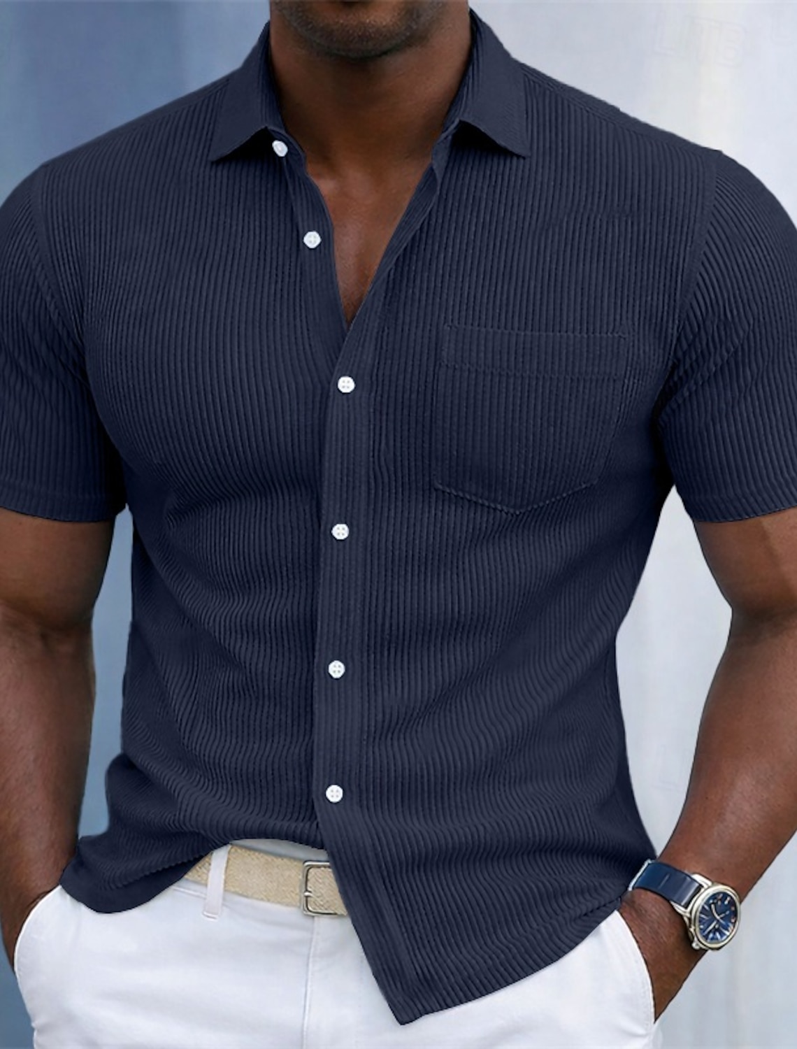 Men's Shirt Corduroy Button Up Blue Black White Navy Purple Long