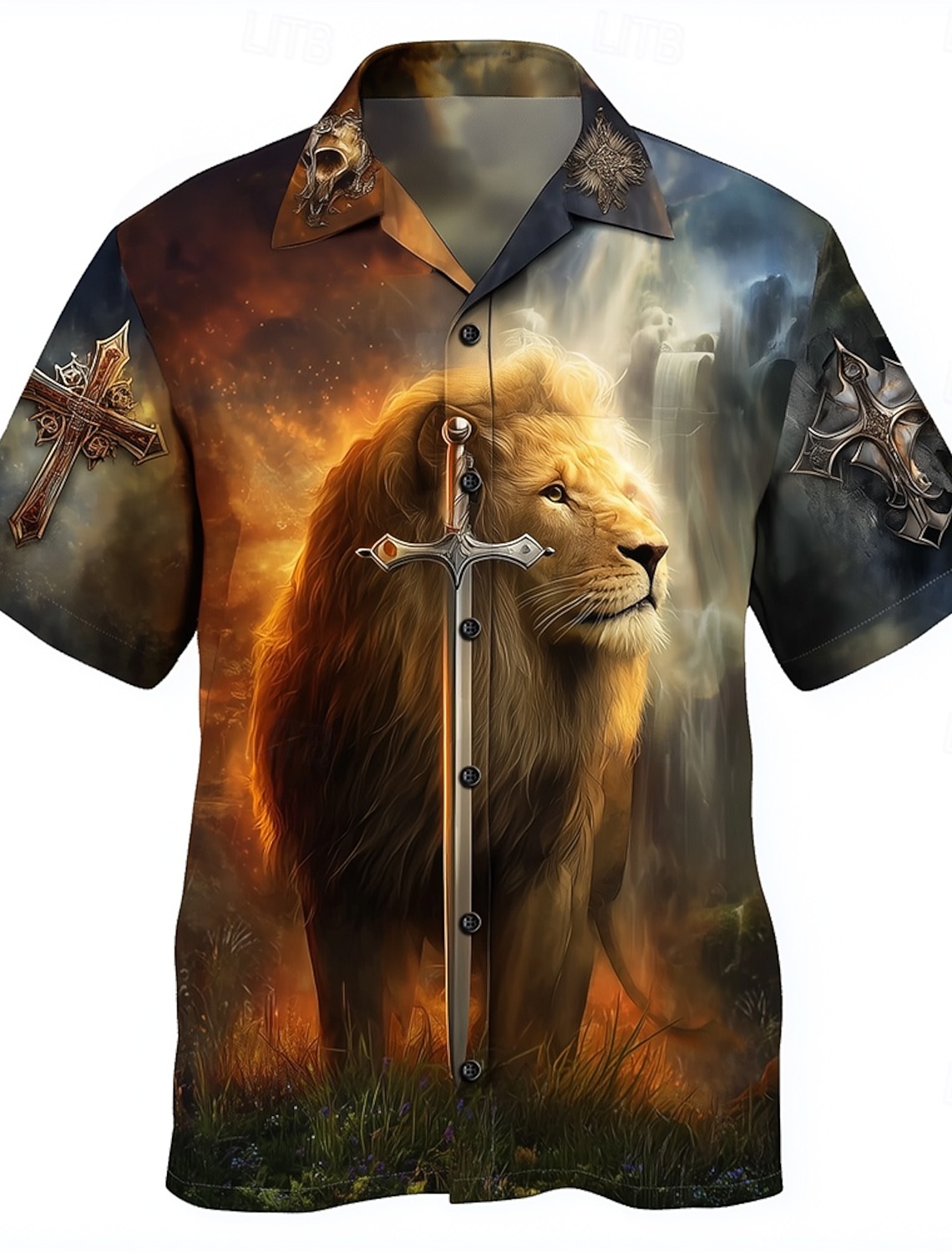 Men's Lion Knights Templar Cross Shirt Button Up Shirt Camp Collar Shirt Short Sleeve Vintage Retro Holiday Casual Daily Summer Spring Cuban Collar 3D Print Orange Gray