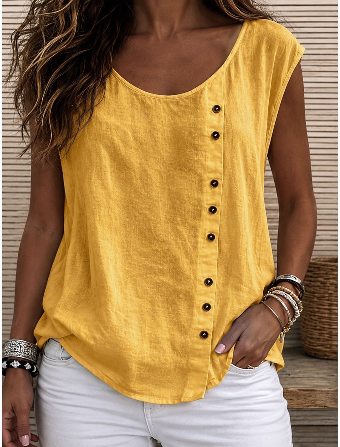 Women's Blouse Solid Color Vintage Stylish Classic Sleeveless Short Sleeve Crew Neck Long Tops Casual Daily White Yellow Green Summer Spring