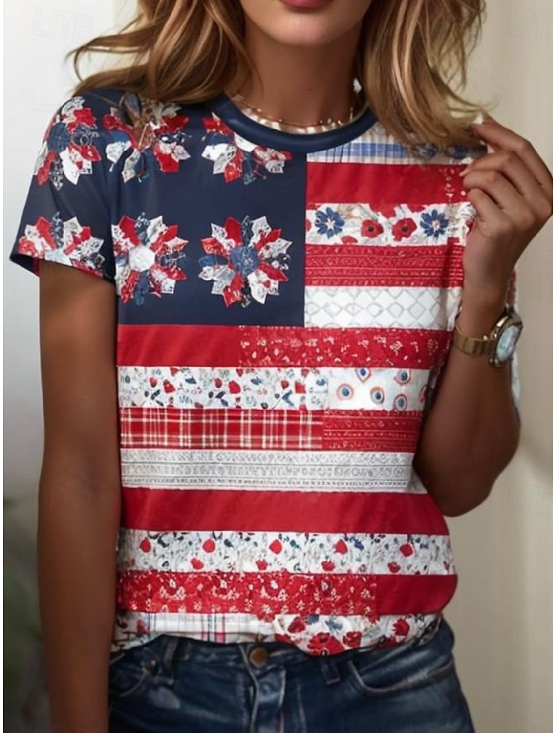 American Independence Day Women's T Shirt Print Graphic American Flag Vintage Fashion Casual Short Sleeve Crew Neck Regular Tops Casual Daily Weekend Red / Blue Summer Spring