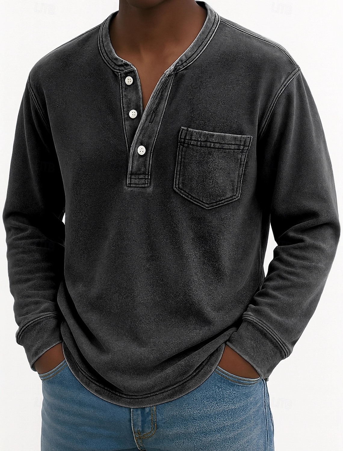 Men's Henley Shirt 100% Cotton Acid Wash T Tee Long Sleeve Vintage