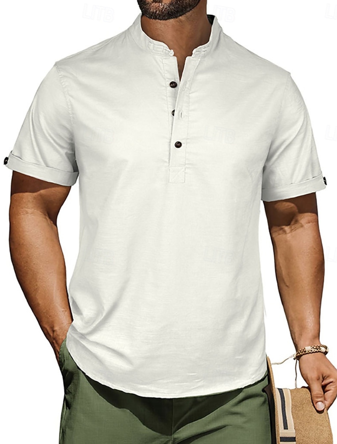 Men's Waffle T-shirt Linen Shirt T Henley Short Sleeve Stand Collar