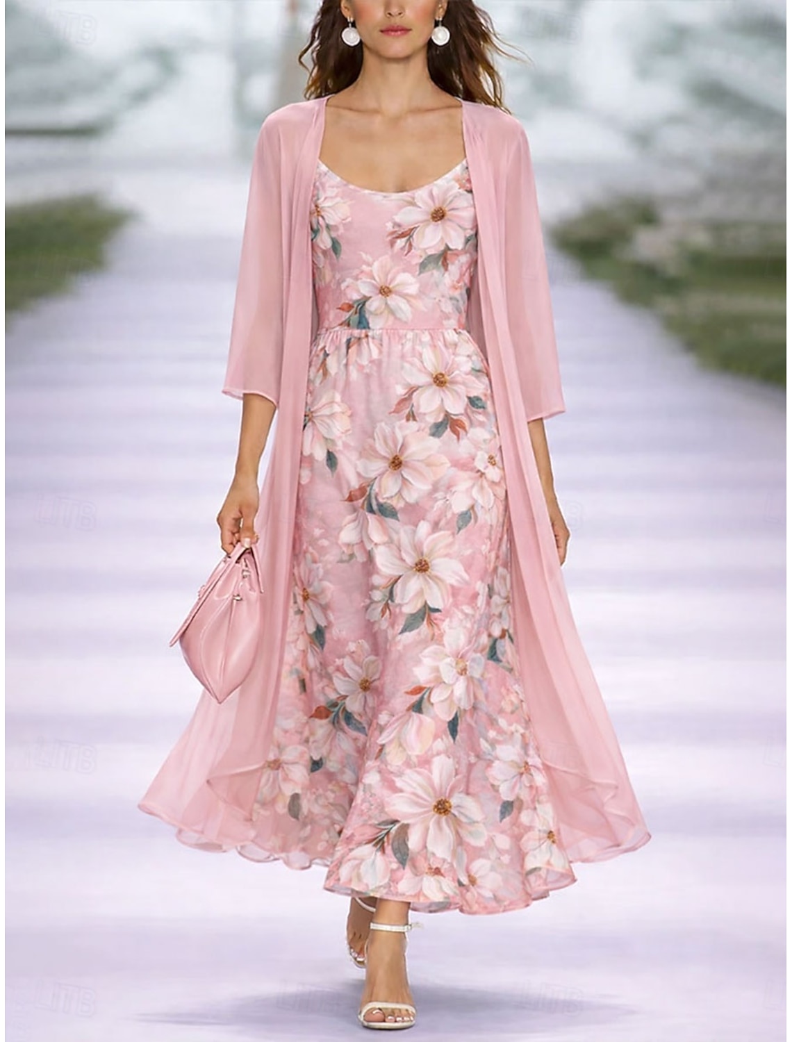 Women's Dress Set A Line Dress Elegant Vacation Floral Graphic Layered Print Maxi Dress 3/4 Length Sleeve V Neck Daily Vacation Pink Purple Orange Summer Spring Regular Fit
