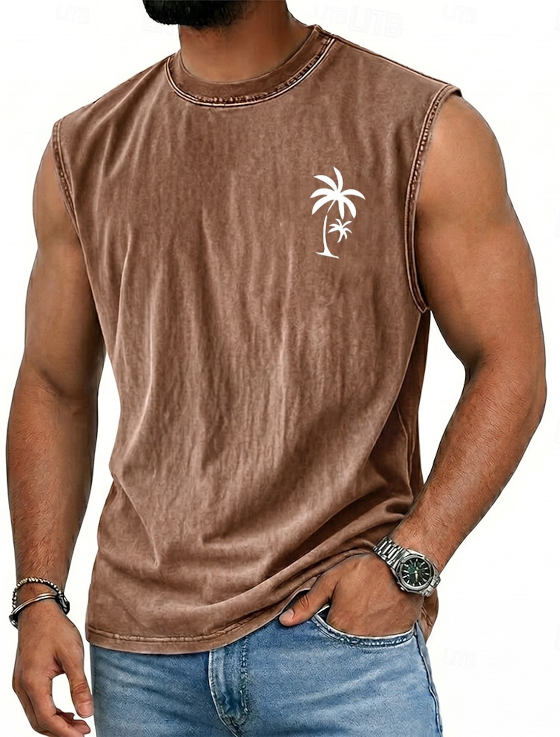 SoftFade™ Men's Coconut Tree T Shirt Demin Shirt 100% Cotton Acid Wash Shirt Short Sleeve Vintage Streetwear Casual Home Street Summer Spring Black Light Green Light Blue Stand