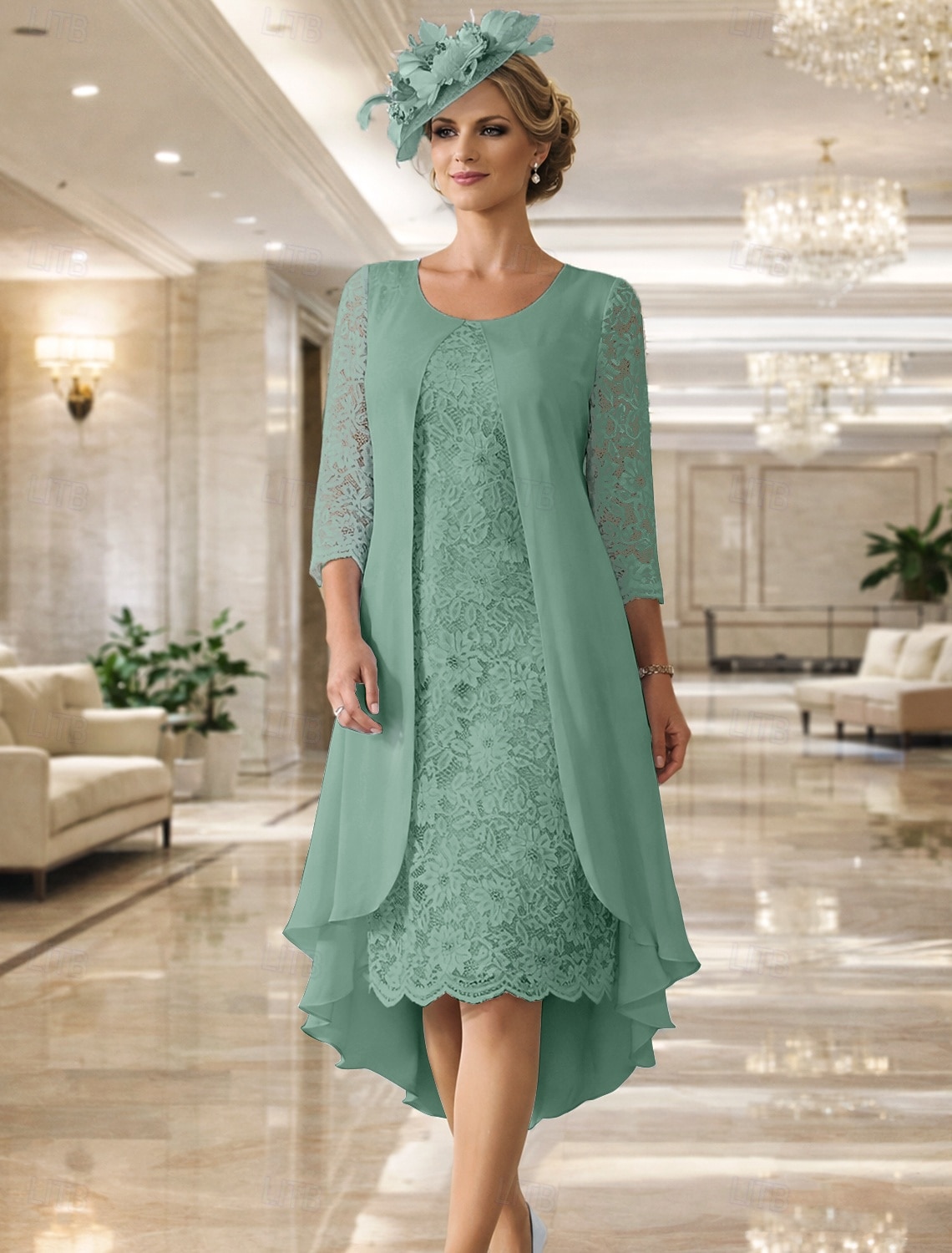 Two Piece A-Line Knee Length Wedding Guest Dress Mother of the Bride Dress Sleeveless Scoop Neck Elegant Wedding Guest Wedding Party Chiffon Lace Jacket Dresses with Pleats Appliques