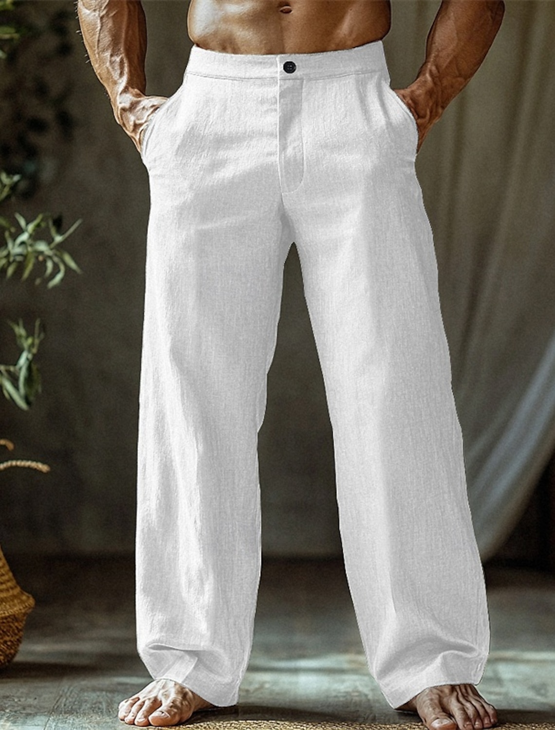 Men's Linen Pants Trousers Summer Pants Beach Pants Buttons Pocket Straight Leg Plain Comfort Breathable Vacation Daily Holiday Hawaiian Boho Black White