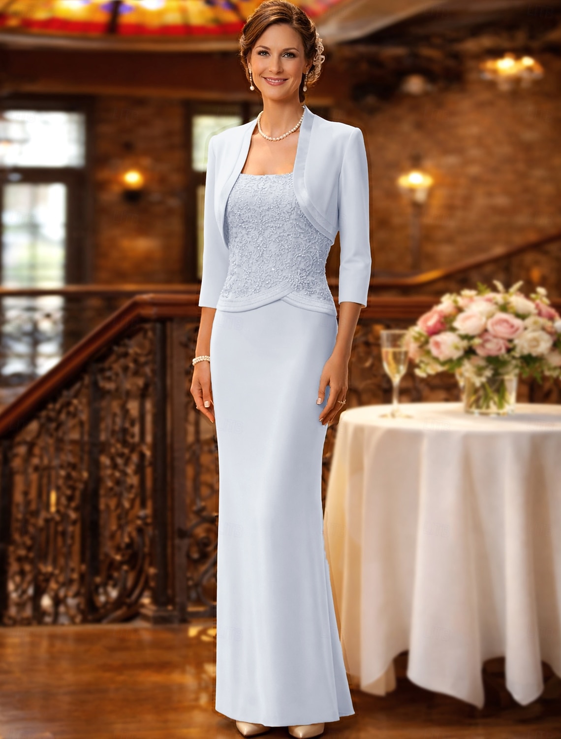 Sheath Column Floor Length Wedding Guest Dress Mother of the Bride Dress Sleeveless Straight Neckline Elegant Plus Size Wedding Guest Chiffon Satin Lace Short Jacket Dresses with Sash / Ribbon