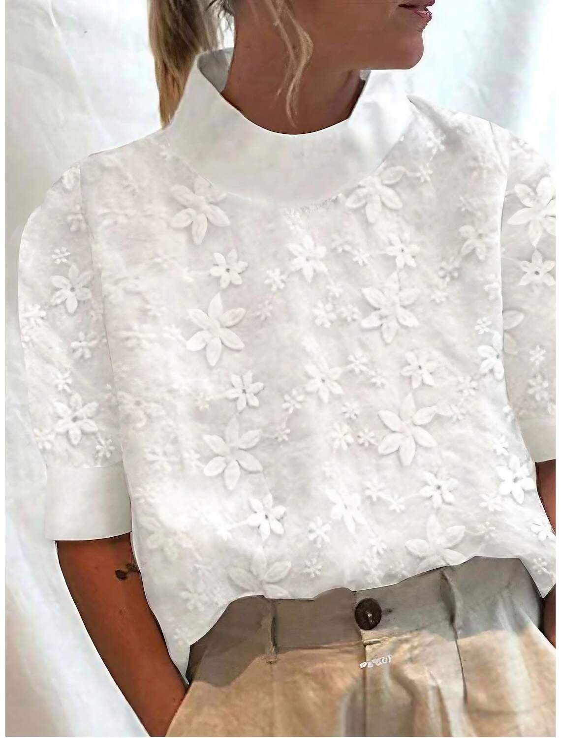 Women's Elegant Lace Tops Eyelet Blouse Turtleneck Dressy Tops Luxurious Floral Regular Tops Short Sleeve Embroidered Regular Fit Vacation Casual Romantic Petite Tops Summer Holiday Wear