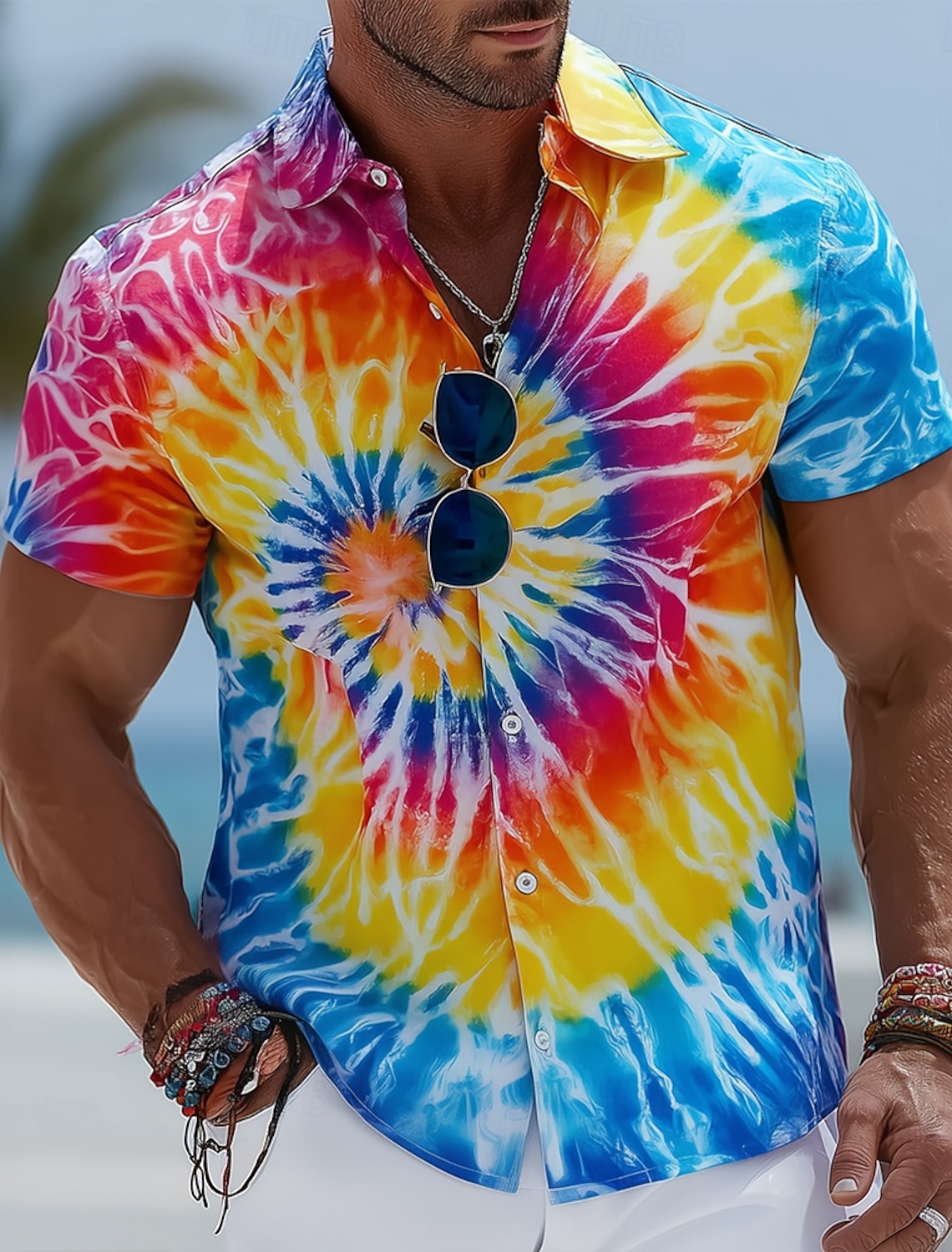 Men's Hippie Gradient Color Tie Dye Print Shirt Button Up Shirt Short Sleeve Fashion Casual Streetwear Vacation Summer Spring Turndown 3D Print Collared Shirts Blue Purple Green