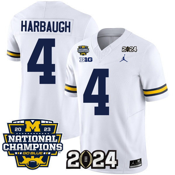 Men's Michigan UM White 2024 game jersey Jim Harbaugh #4 replica