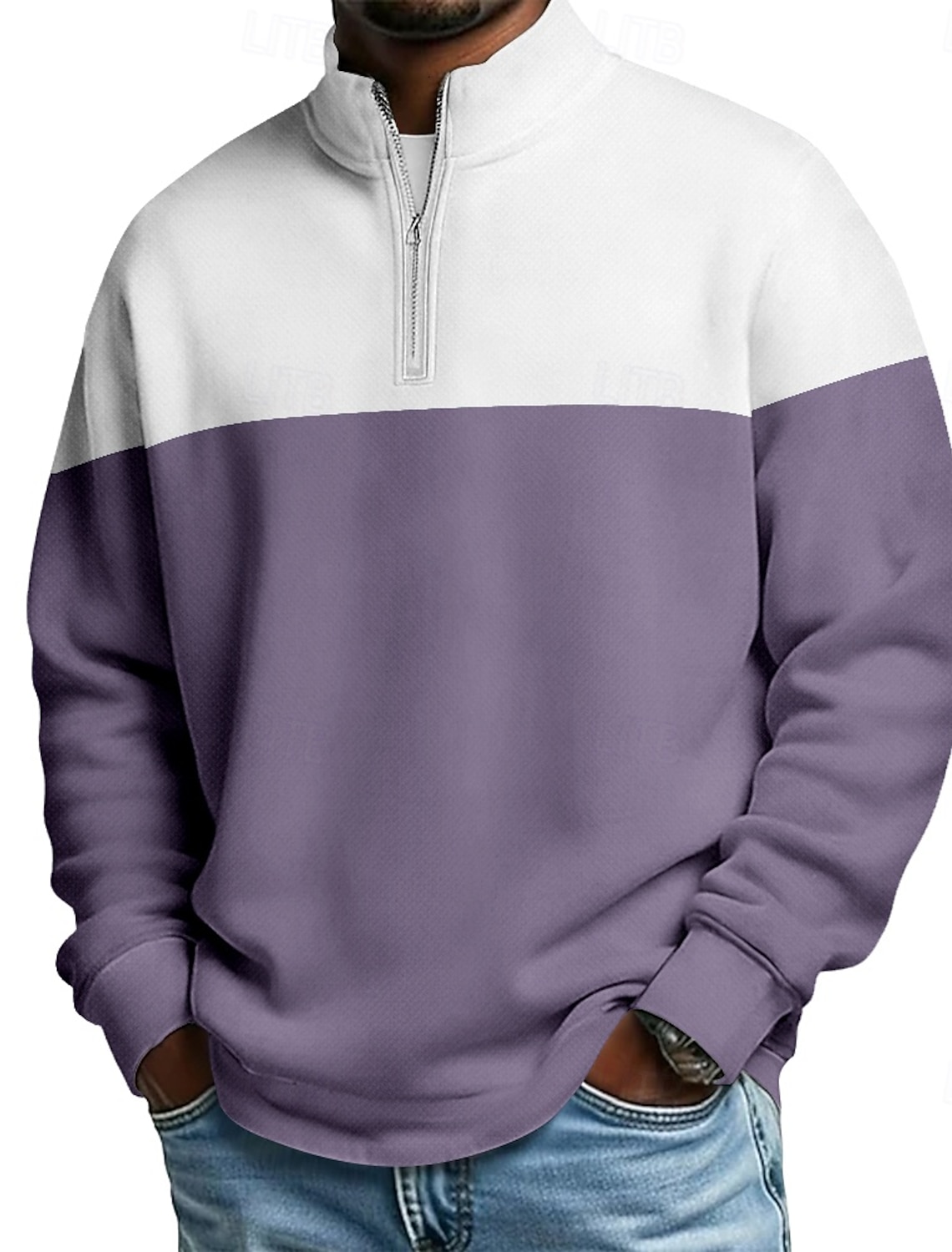 Men's Color Block Zip Polo Shirts Long Sleeve Grandad Collar Casual