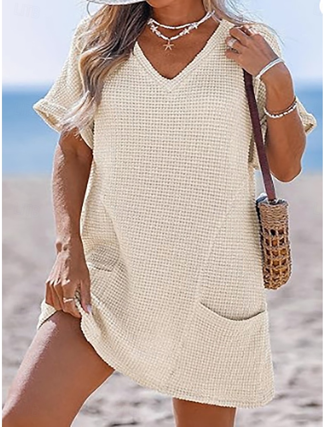 Women's Swimwear Cover Up Swim Dress Dress Swimsuit Patchwork Pocket Vacation Beach Wear Plain V Neck Short Sleeves Bathing Suits