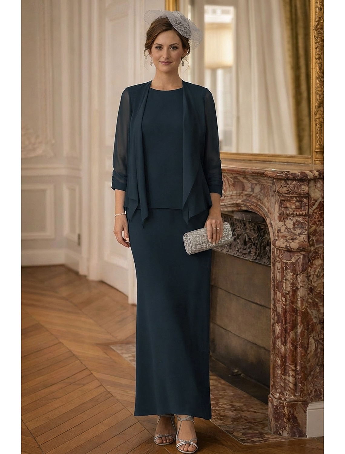 Two Piece Sheath Column Floor Length Wedding Guest Dress Mother of the Bride Dress Long Sleeve Scoop Neck Elegant Formal Wedding Guest Chiffon Wrap Included with Solid Color