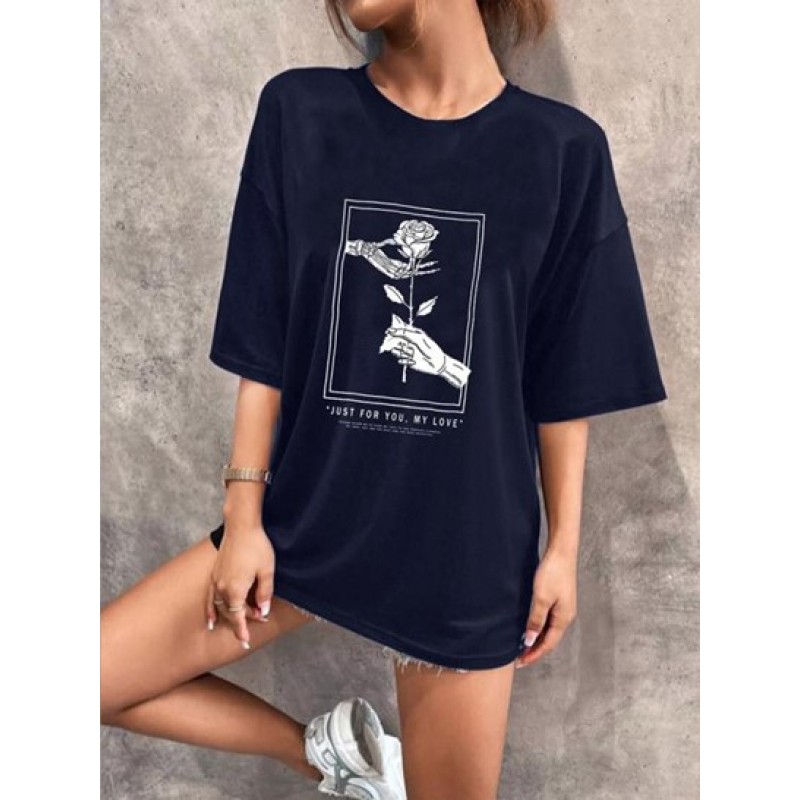 Skeleton Hand Rose Print Drop Shoulder T Shirt ZL1217