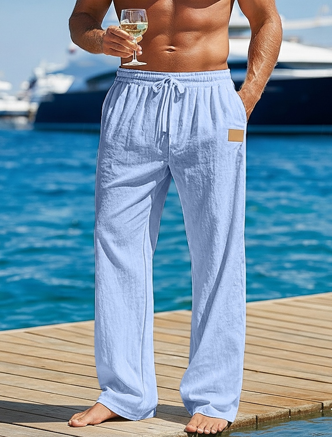Men's Linen Pants Trousers Summer Pants Baggy Pants Beach Pants Drawstring Elastic Waist Straight Leg Solid Color Plain Comfort Comfortable Full Length Outdoor Beach Holiday Vacation Fashion Black