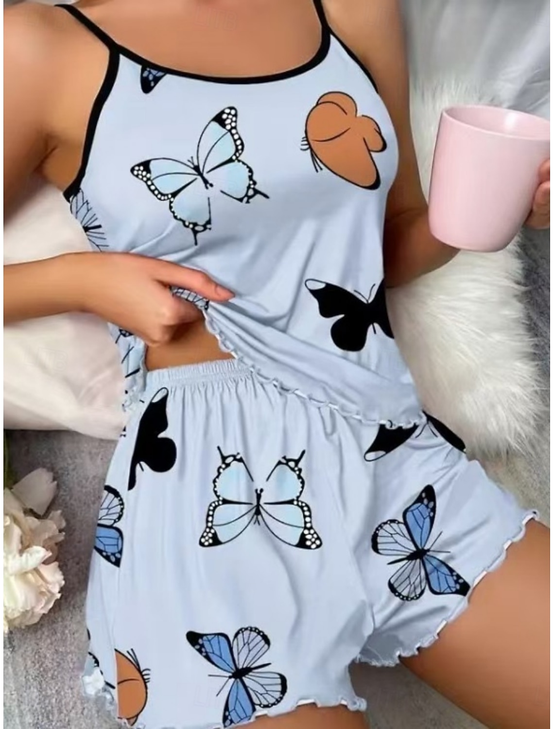 Women's Pajama Set Casual Comfort Butterfly Elastic Waist Shorts Daily Home Sleeveless Crew Neck Blue Pink Beige Summer Spring Regular Fit