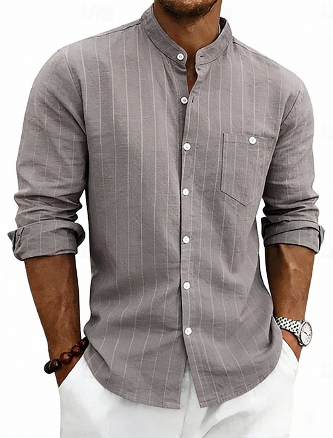 Men's Shirt Linen Shirt Summer Shirt Beach Shirt Stripe Casual Vacation Blue Black White Khaki Long Sleeve Mandarin Collar Summer Spring Clothing Apparel Pocket