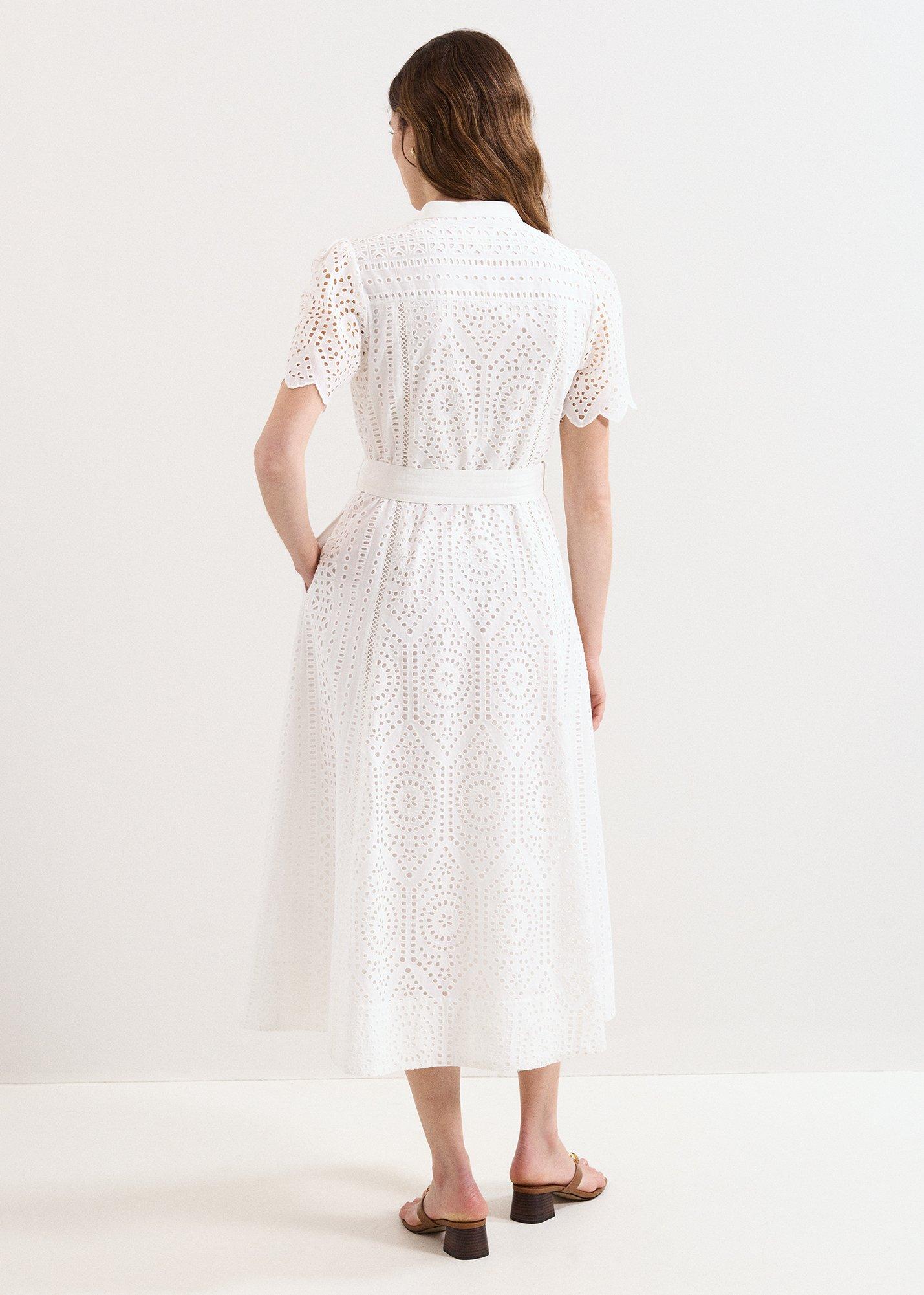 Petite Aletta White Broiderie Shirt Midi Dress
