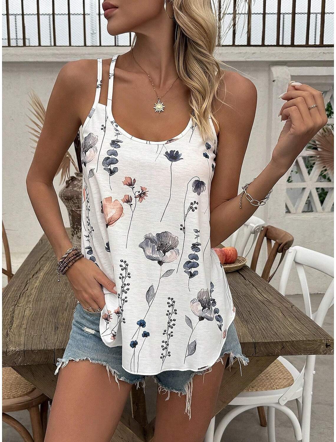 Women's Floral Print Tank Top Pink Blue Sleeveless Adjustable Straps Casual Summer Beachwear Flowy Loose Fit