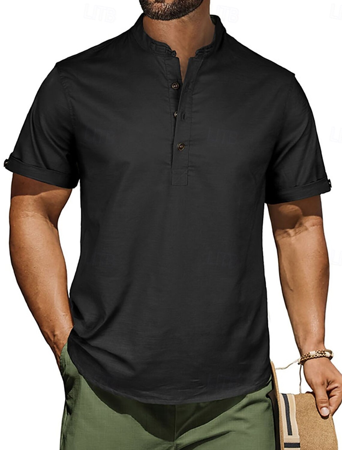 Men's Waffle T-shirt Linen Shirt T Henley Short Sleeve Stand Collar