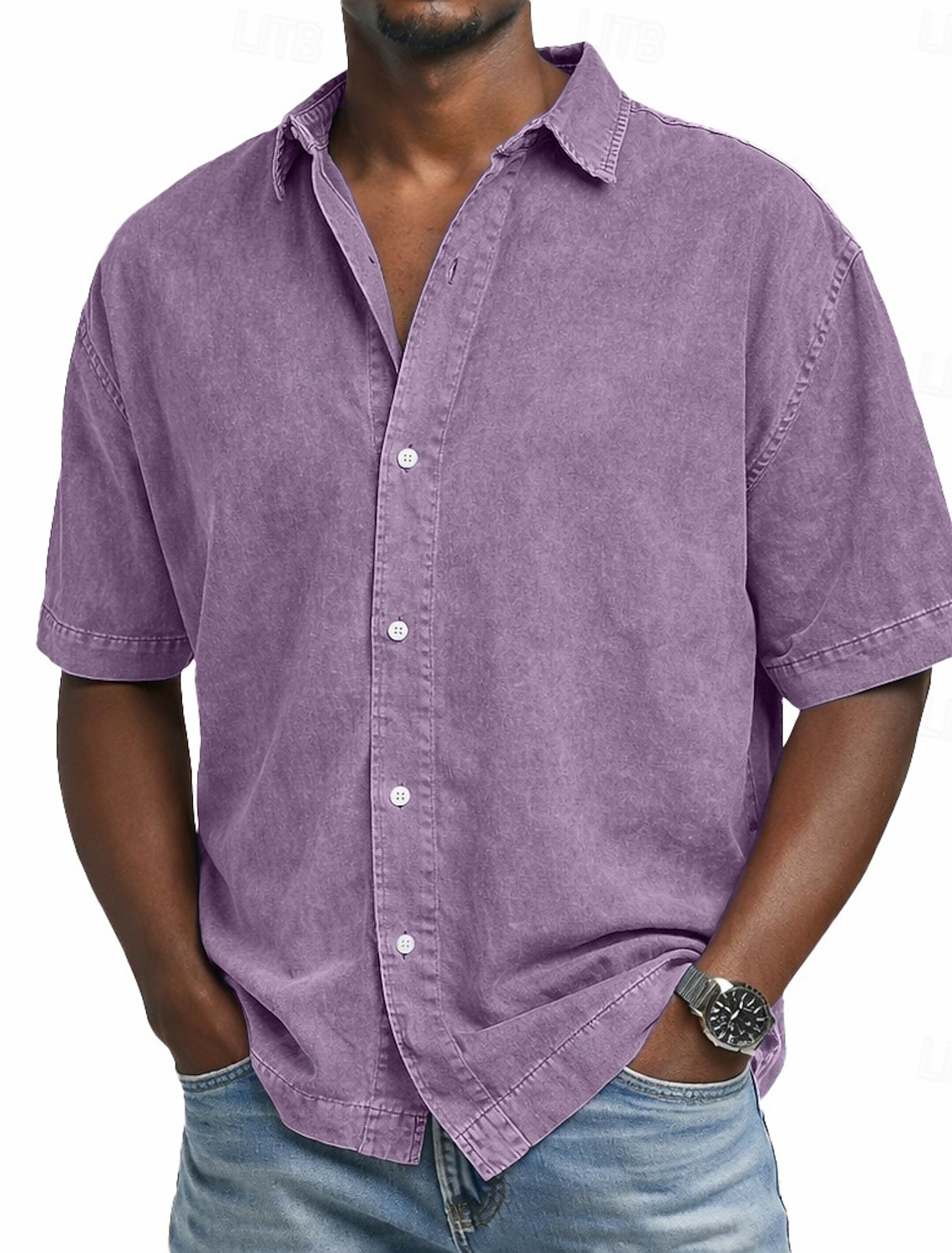 SoftFade™ Men's Shirt Casual Shirt Denim Shirt 100% Cotton Acid Wash Shirt Acid Wash Shirt Black Pink Navy Blue Purple Green Short Sleeve Plain Shirt Collar Casual Daily Clothing