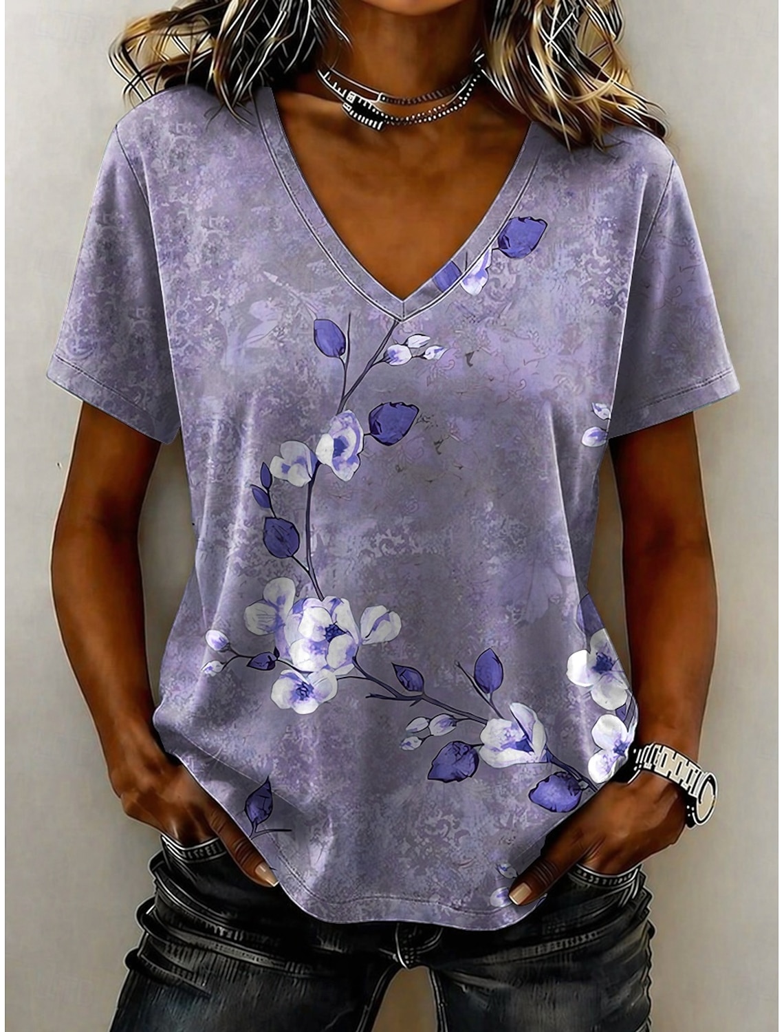 Women's T Shirt Print Floral Graphic Stylish Classic Casual Short Sleeve V Neck Regular Tops Casual Daily Blue Pink Purple Green Summer Spring
