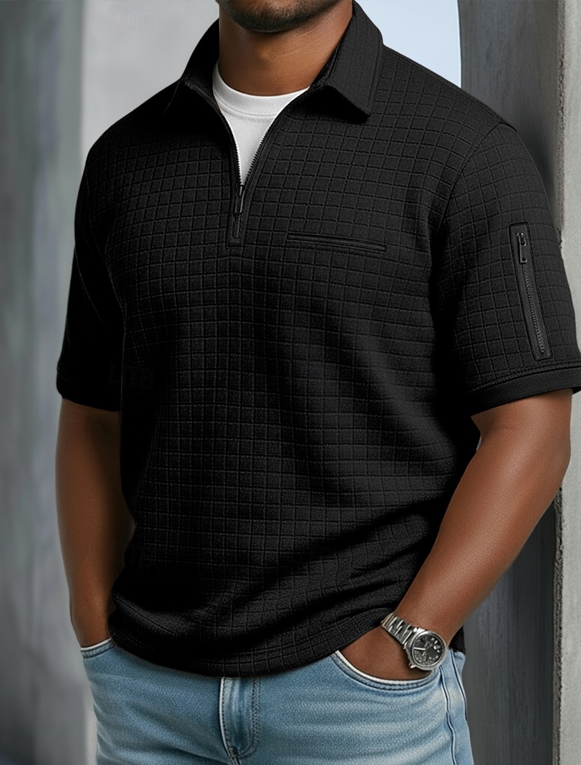 Men's Polo Ice Silk Seersucker Polo Casual Business Ribbed Polo Collar Short Sleeve Fashion Basic Solid Color Buttons Summer Spring & Fall Regular Fit Black White Navy Blue Light Blue Polo