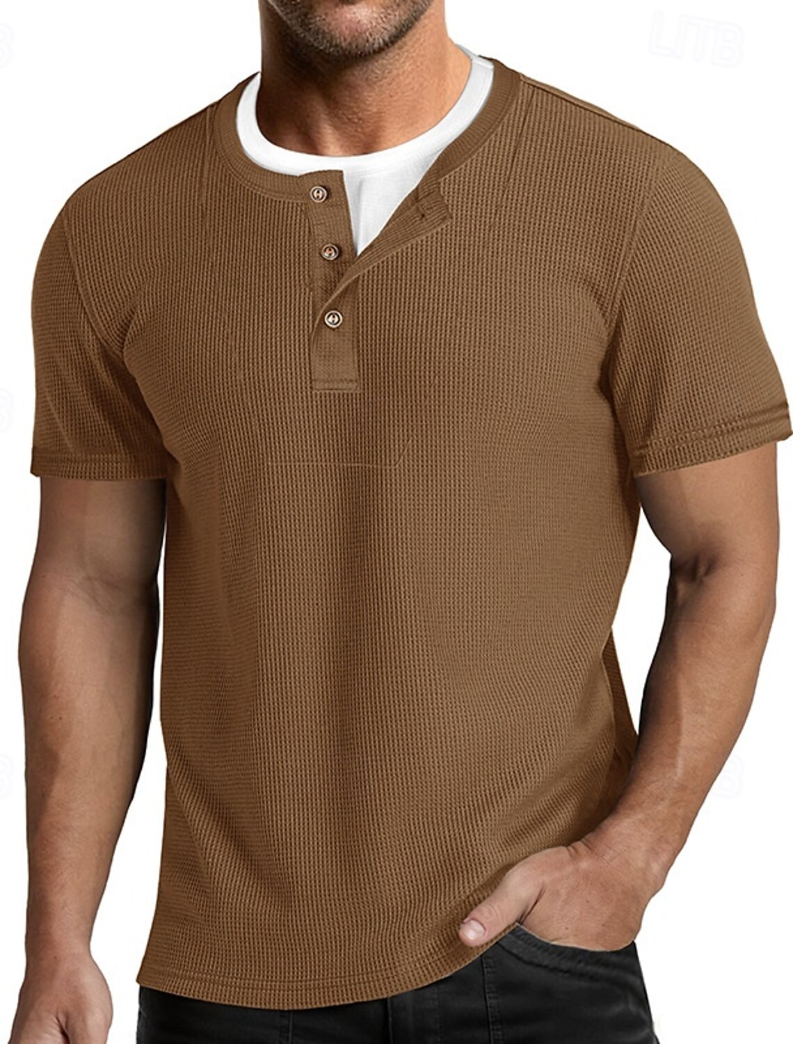 Men's Waffle Henley Shirt Tee Cotton Blend T-Shirt Short Sleeve Color Block Plain Fashion Designer Casual Color Block Buttons Fake two piece Crew Neck Henley Casual Daily Outdoor Summer All Seasons