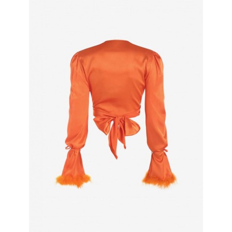 Satin Puff Sleeve Feather Trim Wrap Blouse PY6621