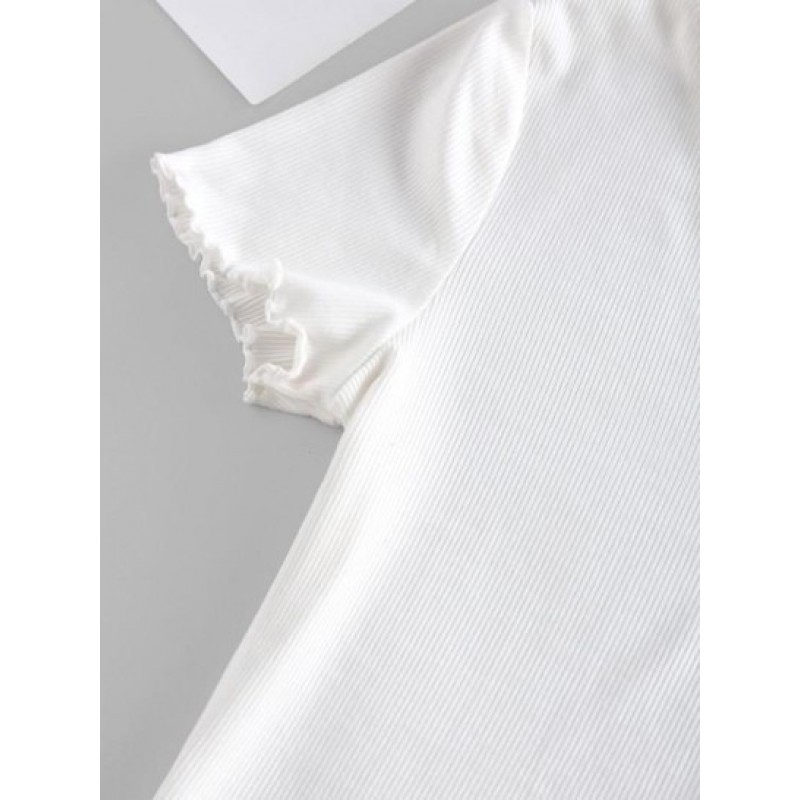 Ribbed Lettuce Trim V Neck T Shirt HE2990