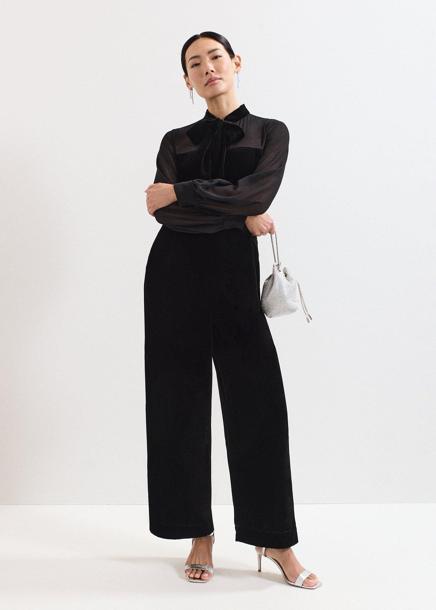 Petite Magie Black Velvet Tie Neck Jumpsuit
