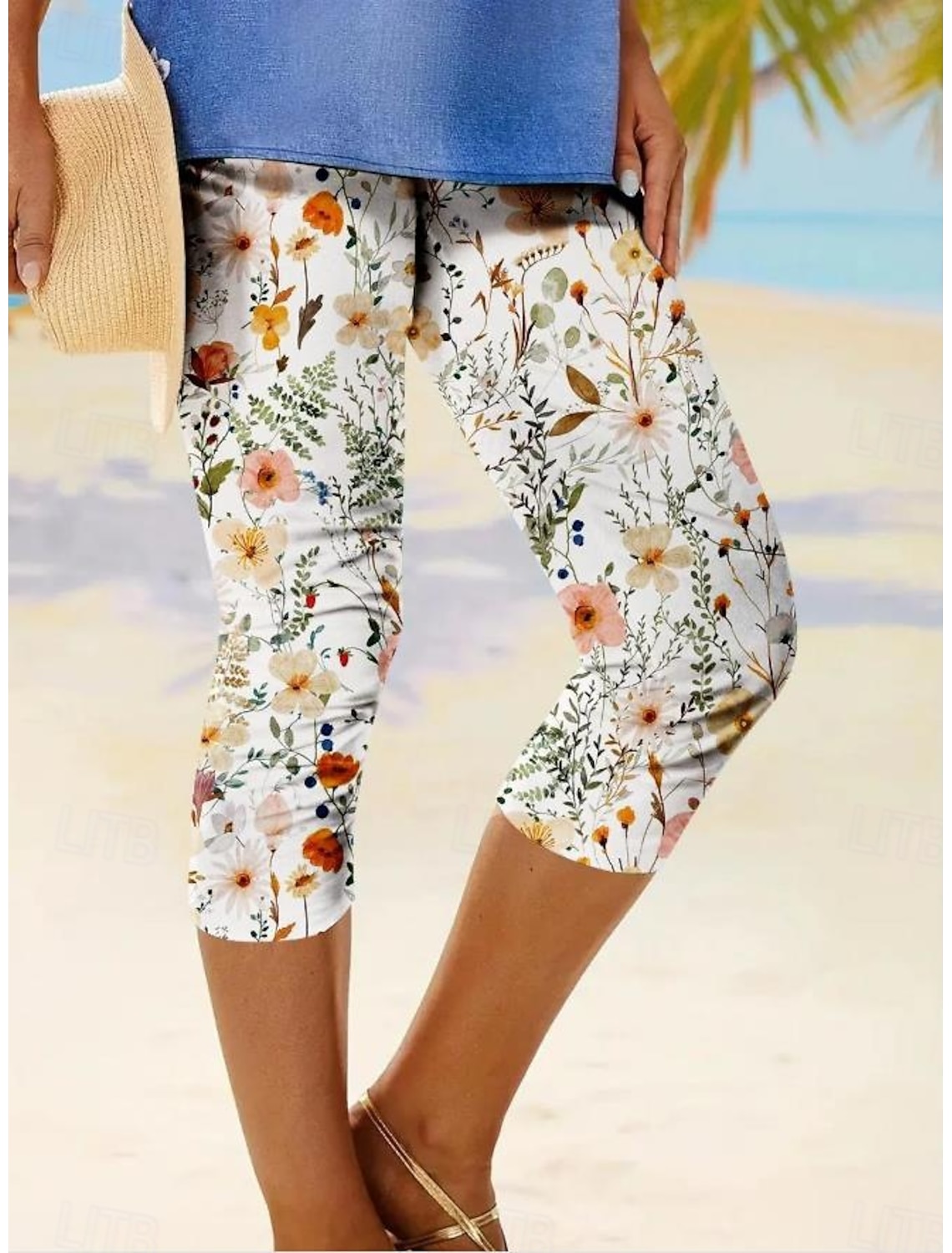 Women's Leggings Capri Pants High Elasticity Fashion Streetwear Full Length Mid Waist Floral Printing Thermal Warm Breathable Soft Outdoor Daily Beach Buff Black Blue Sky Blue Summer Spring
