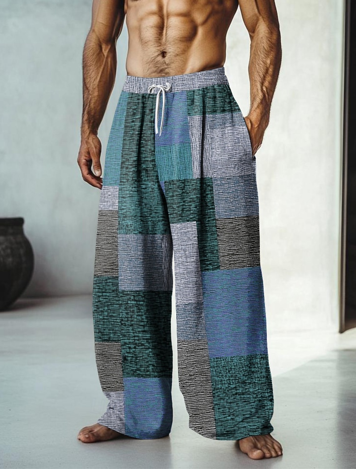 Men's Color Block Patchwork Pants Trousers Mid Waist Drawstring Elastic Waist Hawaiian Casual Outdoor Vacation Holiday Straight Leg Trousers Summer Spring Fall 3D Print Yellow Red Blue
