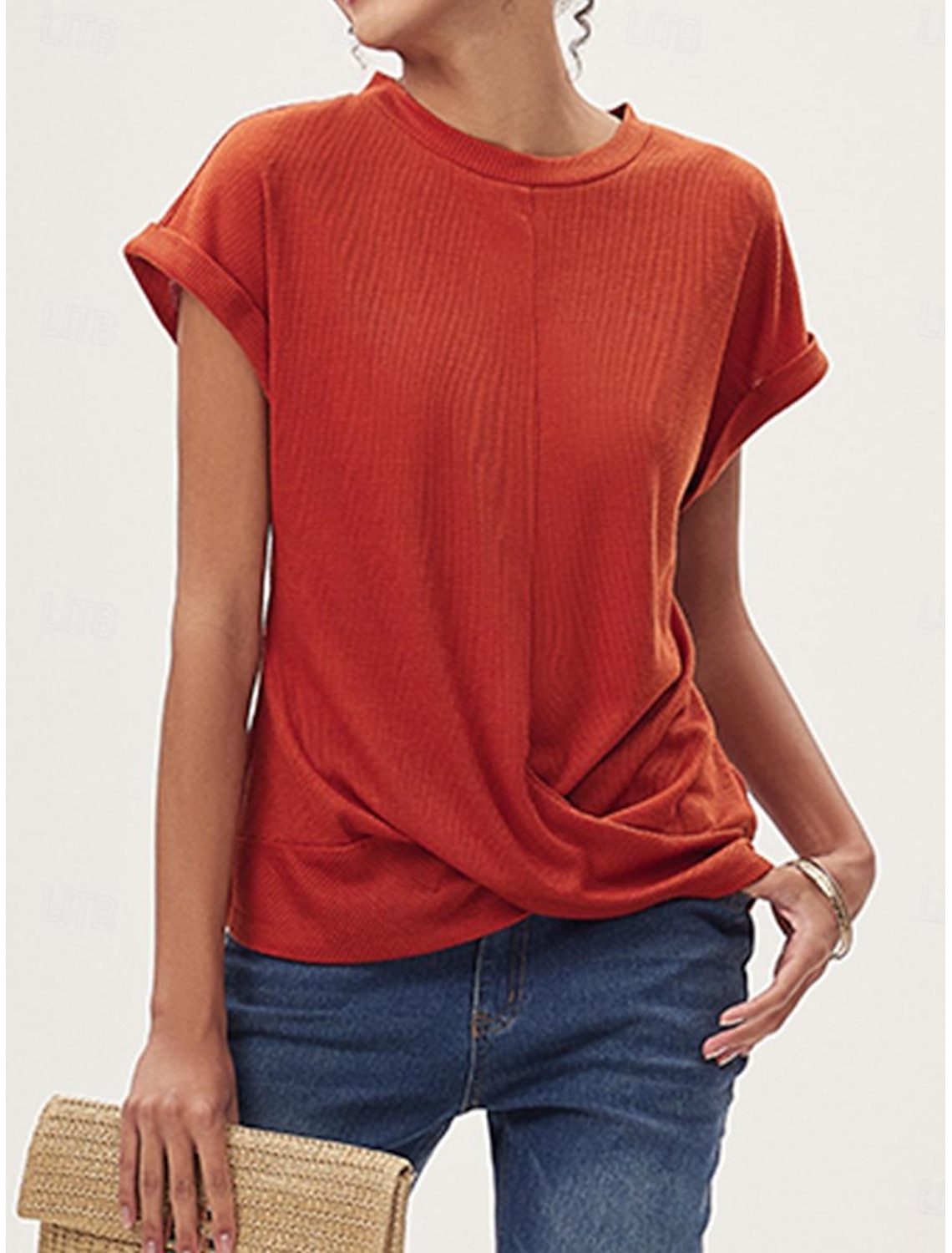 Women's Knitted Top V-neck Short Sleeve Elastic Soft Burnt Casual Loose Fit Versatile Spring Fall Clothing Apparel