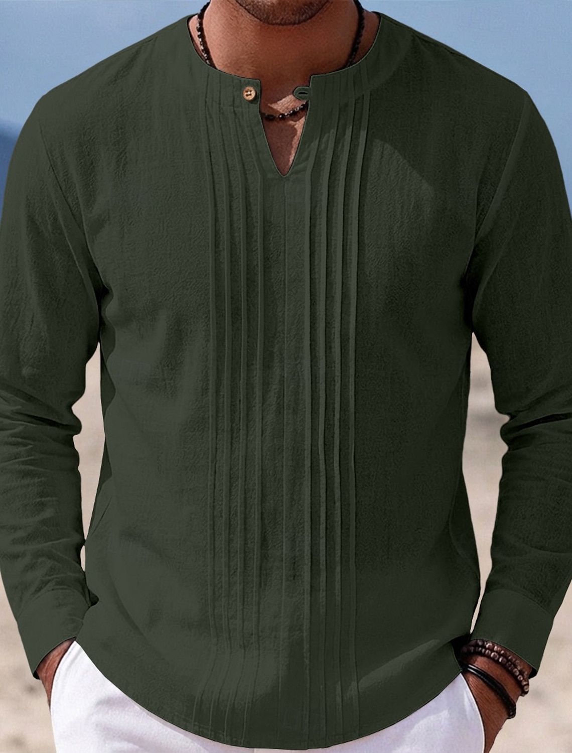 Men's Shirt Linen Shirt Summer Shirt Beach Shirt Solid Color Casual Vacation Blue Black White Khaki Long Sleeve Mandarin Collar Summer Spring Clothing Apparel Ruched