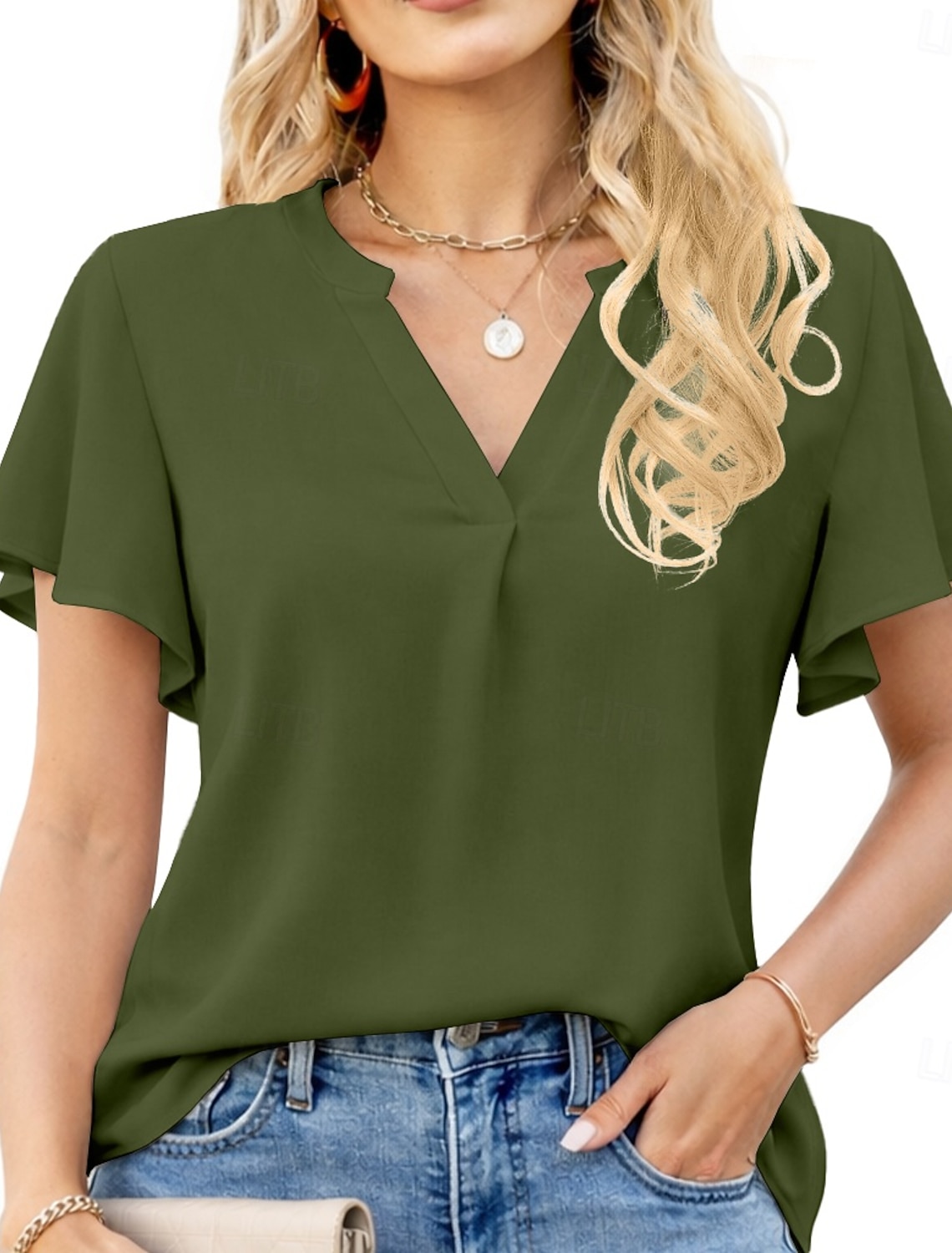 Women's Shirt Summer Shirt Casual Shirt Chiffon Tops Ruffle Solid Color Plain Elegant Vacation Fashion Short Sleeve V Neck Regular Tops Daily Holiday Going out Blue Black White Light Green Pink