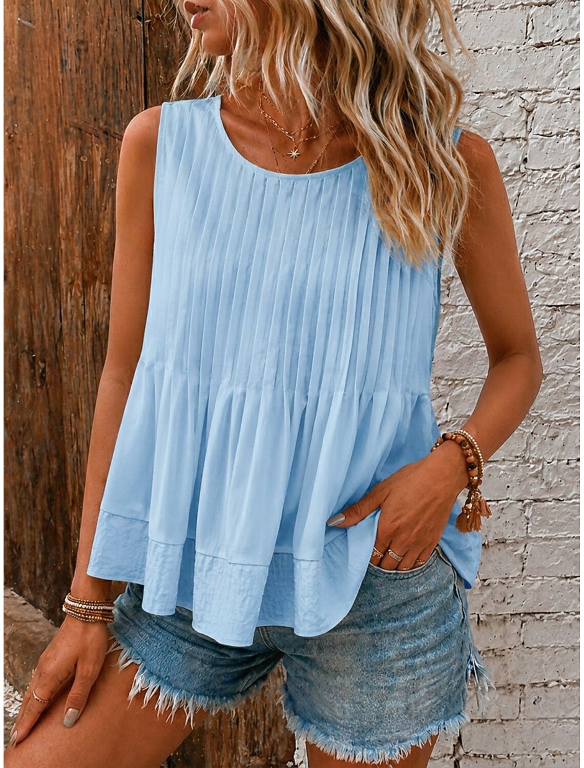 Women's Blouse Texture Pleated Patchwork Vintage Sleeveless Regular Tops Casual Blue White Yellow Pink Red Summer Spring