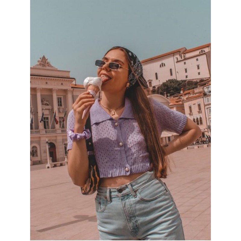 Eyelet Pearly Button Up Knitted Top IA4924