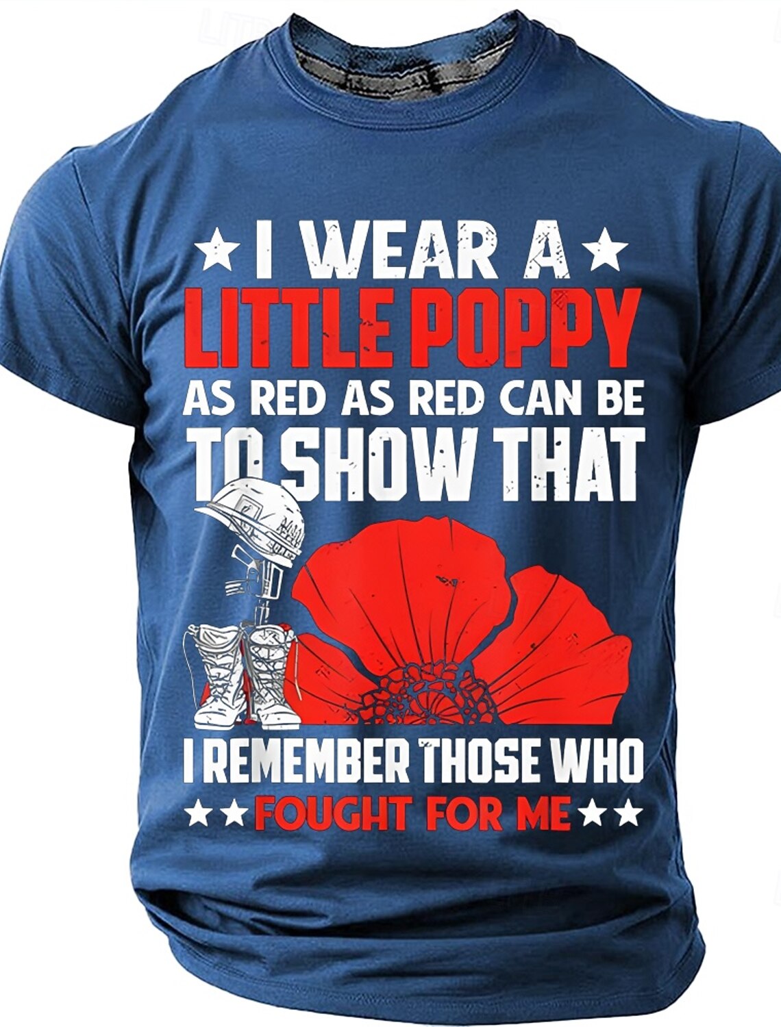 Memorial Day Remembrance Day I Wear A Little Poppy As Red As Red Can Be Men's Soldier Helmet Red Poppy Patriotic Graphic T Shirt Short Sleeve Crew Neck Tee Designer Clothing Apparel S M L XL XXL XXXL