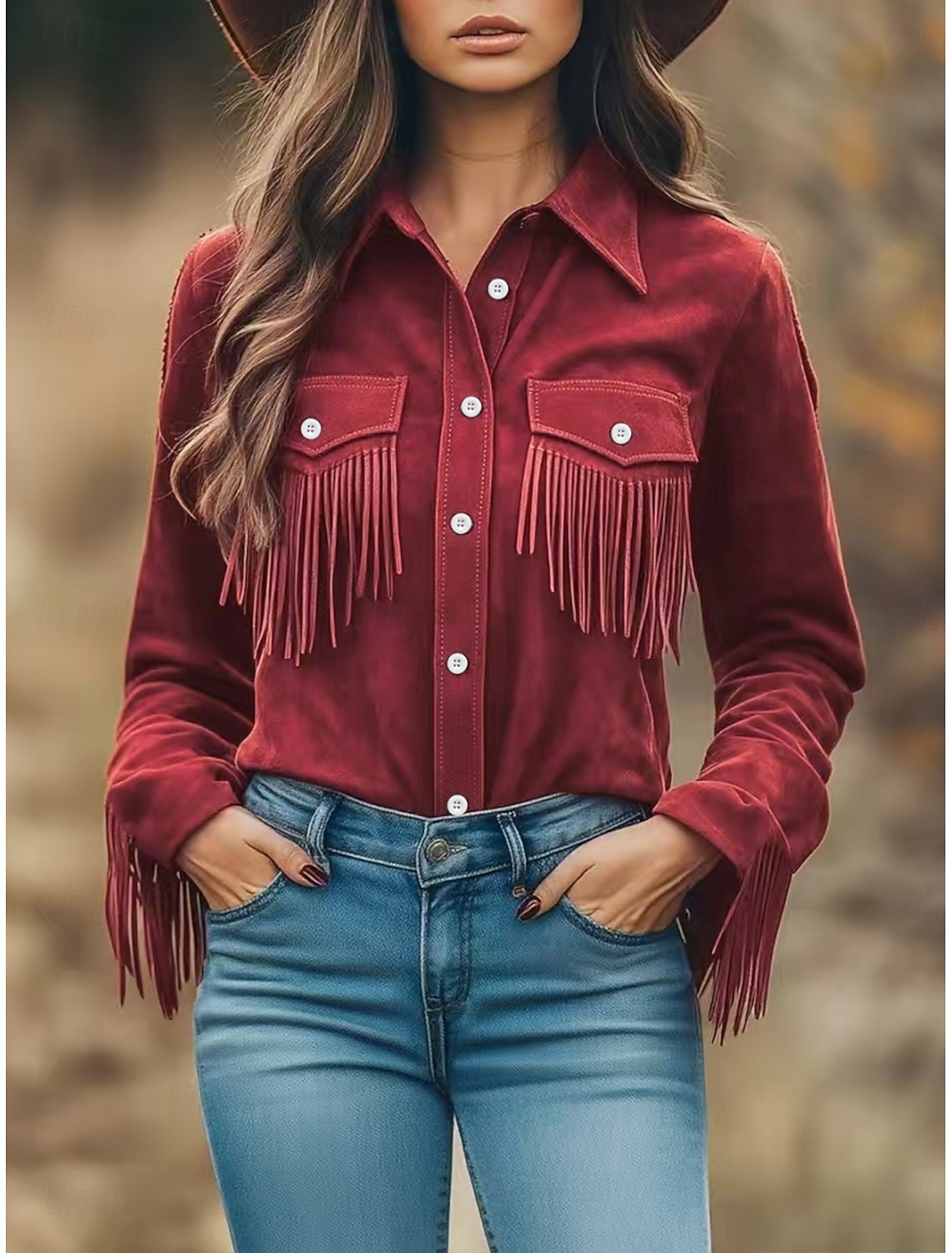 Women's Shirt Button Down Shirt Casual Shirt Blouse Buttons Fringe Plain Stylish Western Casual Long Sleeve Shirt Collar Regular Tops Daily Holiday Going out Blue Black Red Spring Fall