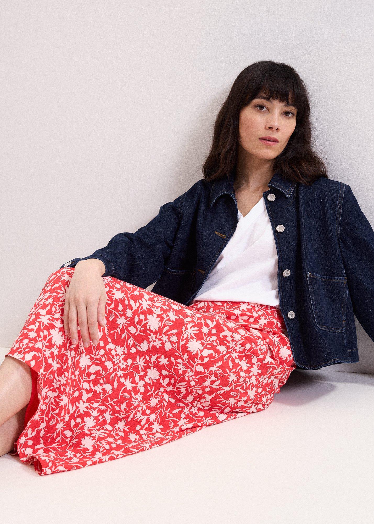 Roxana Red Floral Print Midi Skirt