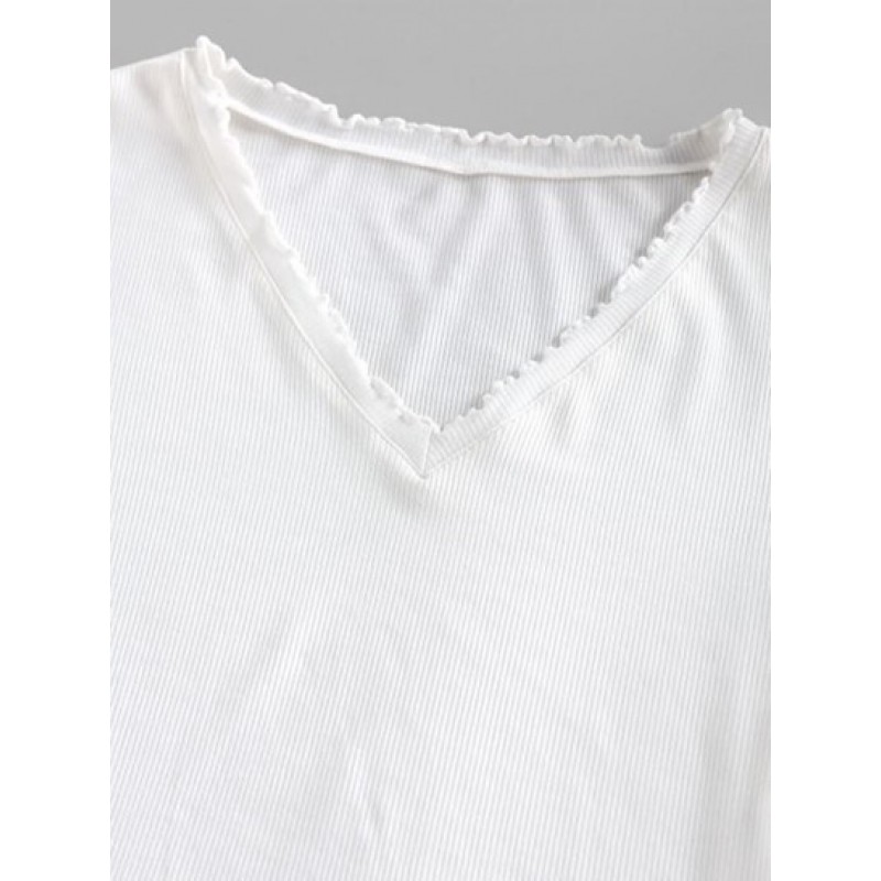 Ribbed Lettuce Trim V Neck T Shirt HE2990