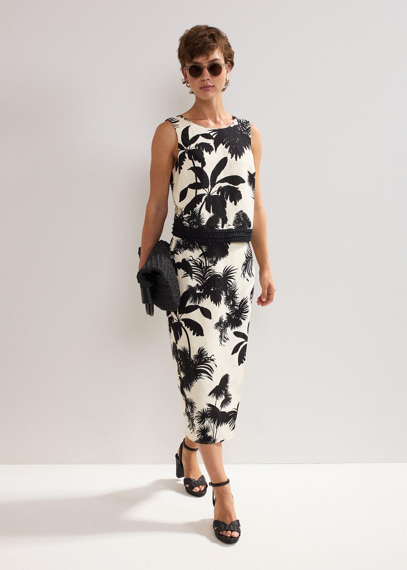 Vittoria Linen Blend Leaf Print Skirt