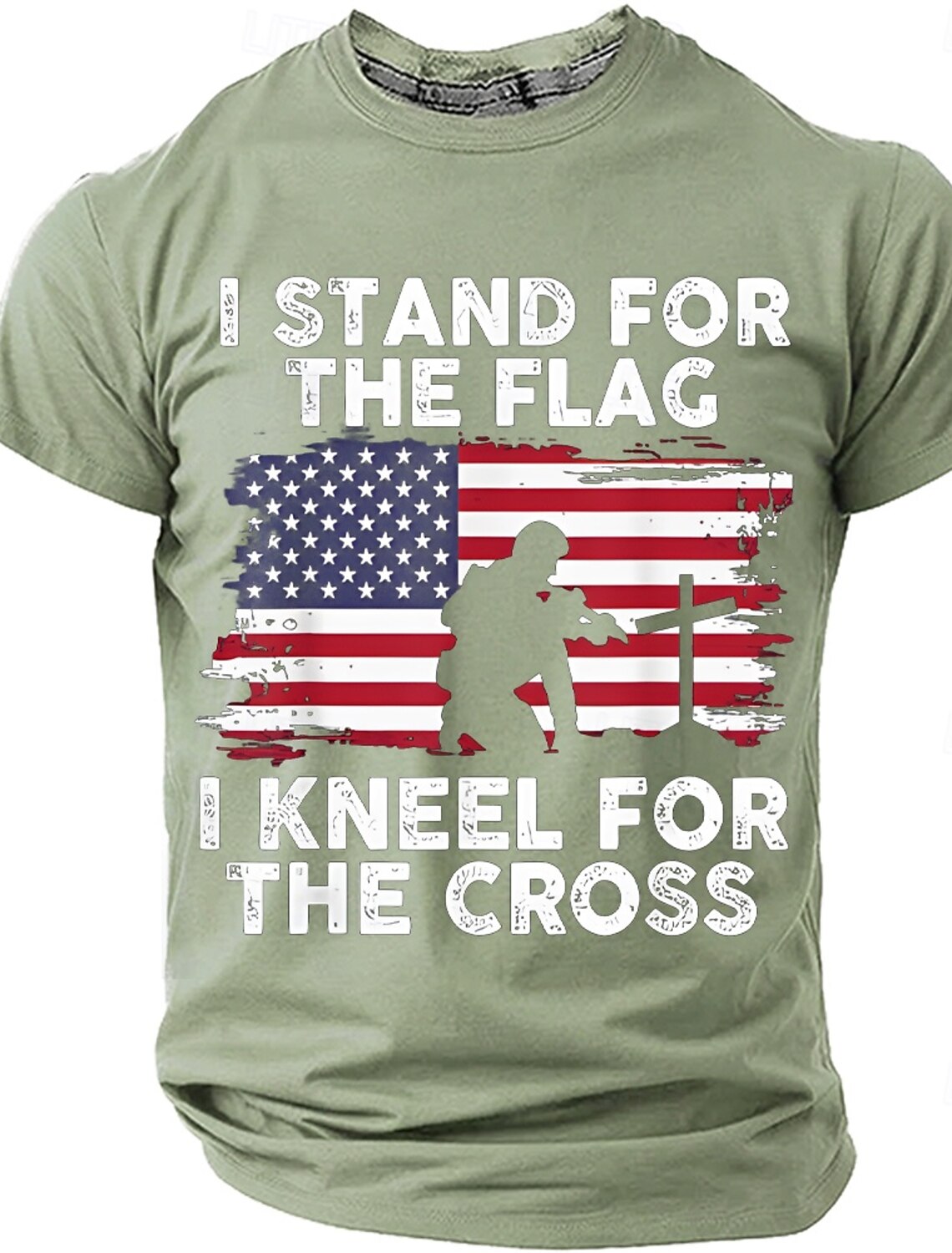Memorial Day I Stand For The Flag I Kneel For The Cross Men's Bible American Flag Kneeling Soldier Christian Cross Patriotic Graphic T Shirt Vintage Casual Tee Designer Clothing Apparel