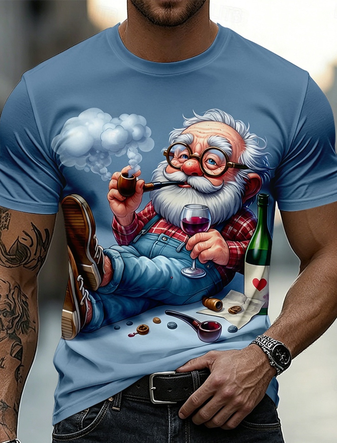Funny 3D Graphic Cool Old Man with White Beard & Sunglasses Men's Teal T-Shirt - Quirky Grandpa Caricature Design Short Sleeve Crew Neck Summer Beach Holiday Tee - Unique Father's Day Gift Apparel