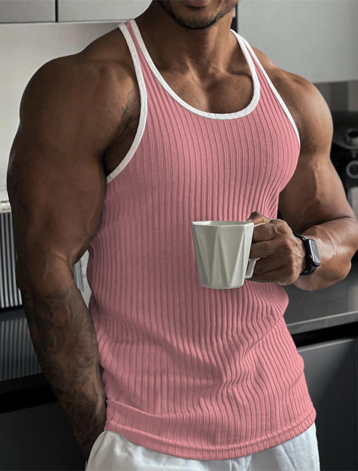 Men's Tank Top Rib Knit Wife beater Shirt Sleeveless Crew Neck Summer