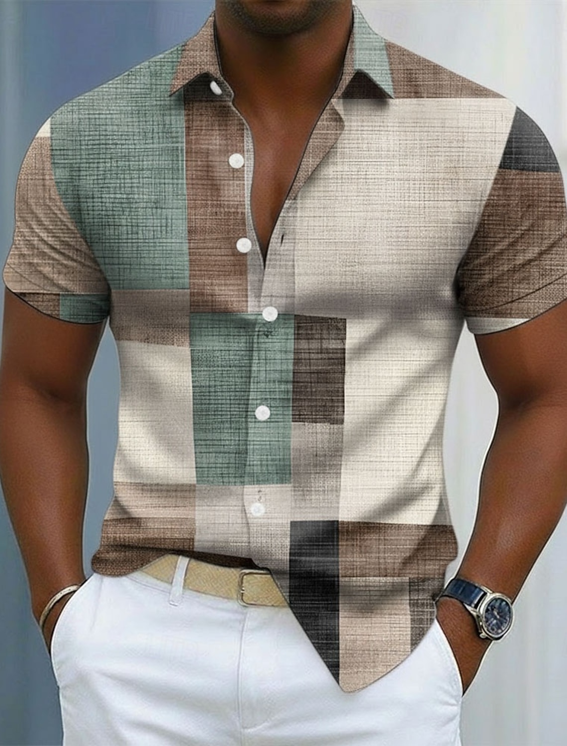 Men's Geometric Color Block Patchwork Shirt Button Up Long Sleeve