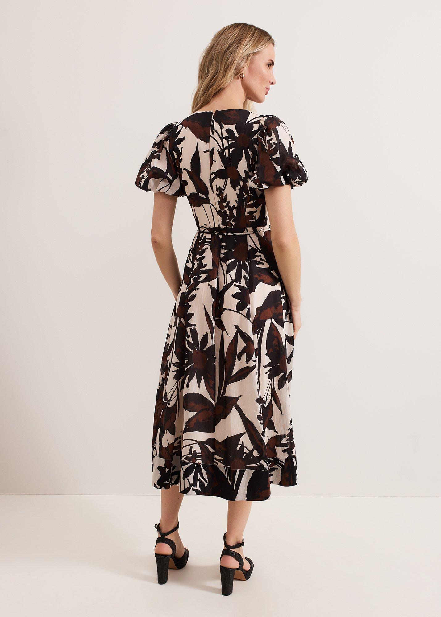 Zarah Printed Puff Sleeve V Neck Midi Dress