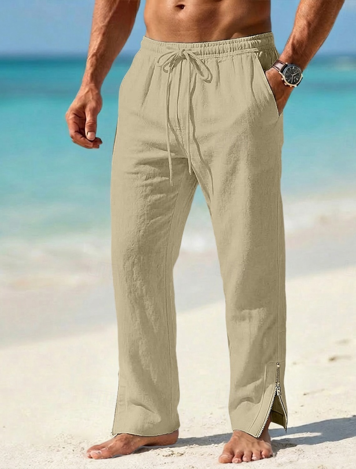 Men's Linen Pants Trousers Summer Pants Beach Pants Drawstring Zipper Elastic Waist Plain Comfort Breathable Full Length Outdoor Beach Holiday Vacation Fashion Khaki White Inelastic